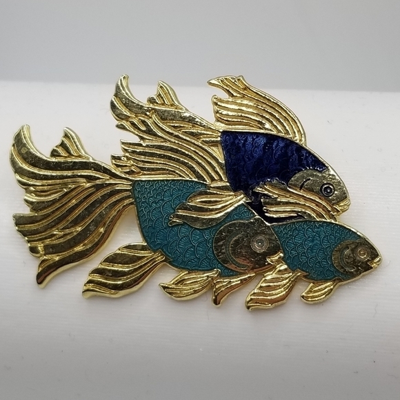 Fish Crown Enamel Gold Tone Bar Pin Brooch Vintage Angel Koi Fish Swimming Blue - Picture 4 of 12